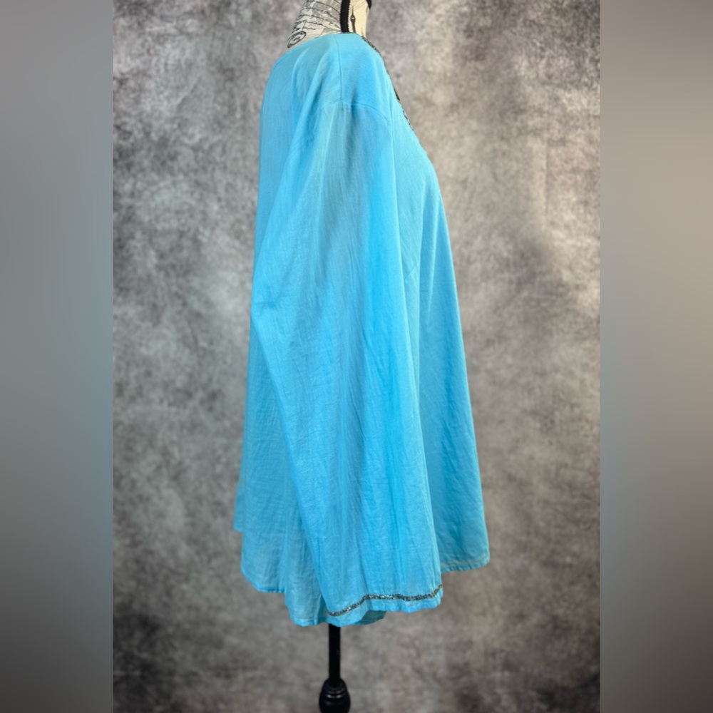 Tantrums Cotton Sky Blue Silver Beaded V- Neckline Long Sleeve Tunic Size 3X - Picture 4 of 11